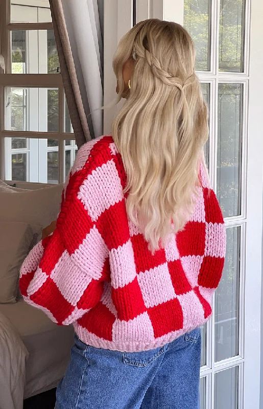 Envi Pink And Red Checkered Knit Cardigan