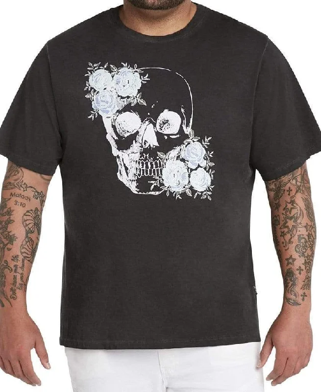 Floral Sequin Skull Print Oil Wash T Shirt