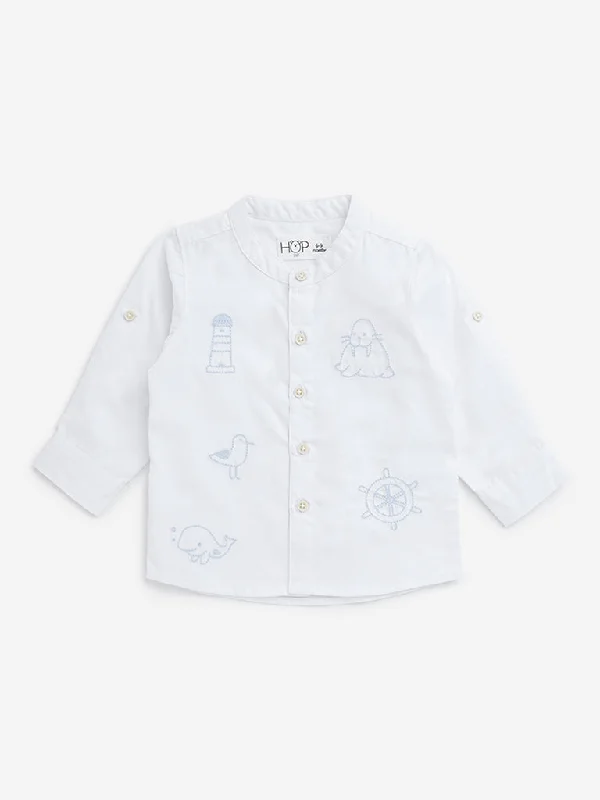 HOP Baby White Animal Embroidered Cotton Shirt