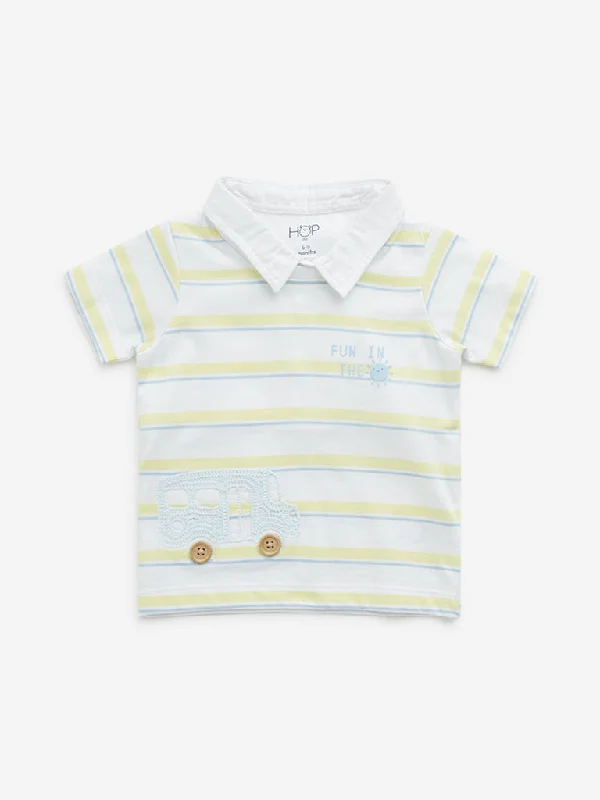 HOP Baby White Striped Design Collared Cotton T-Shirt