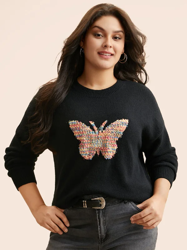 Butterfly Jacquard Drop Shoulder Pullover