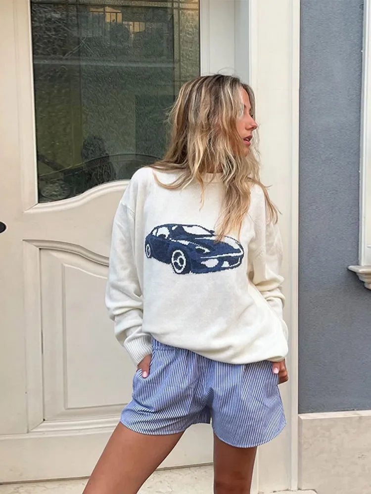 Elegant Sports Car Print Knitted Pullover Women Casual Round Neck Long Sleeves Warm Sweater