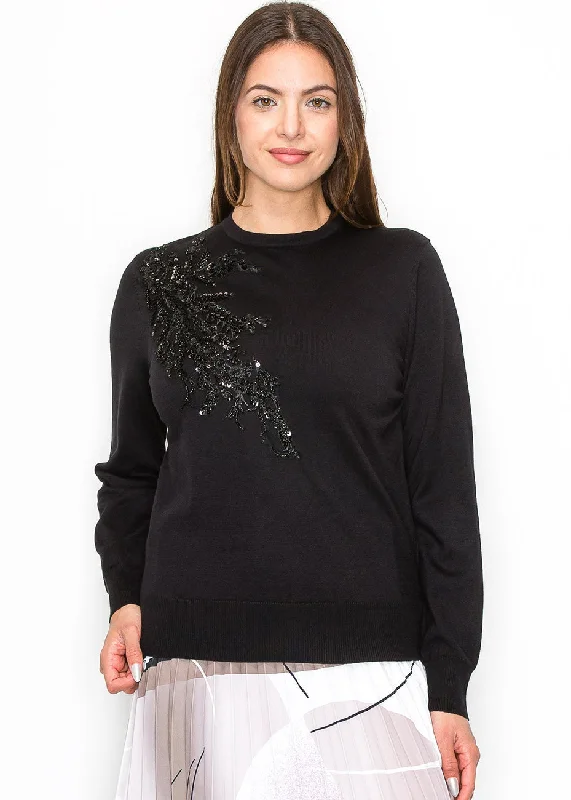 Embellished Black Knit Pullover