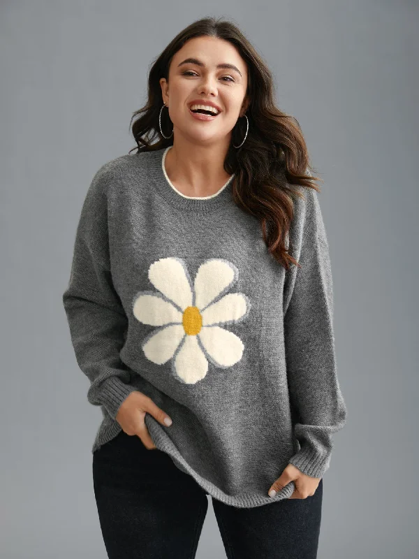 Floral Textured Crew Neck Pullover