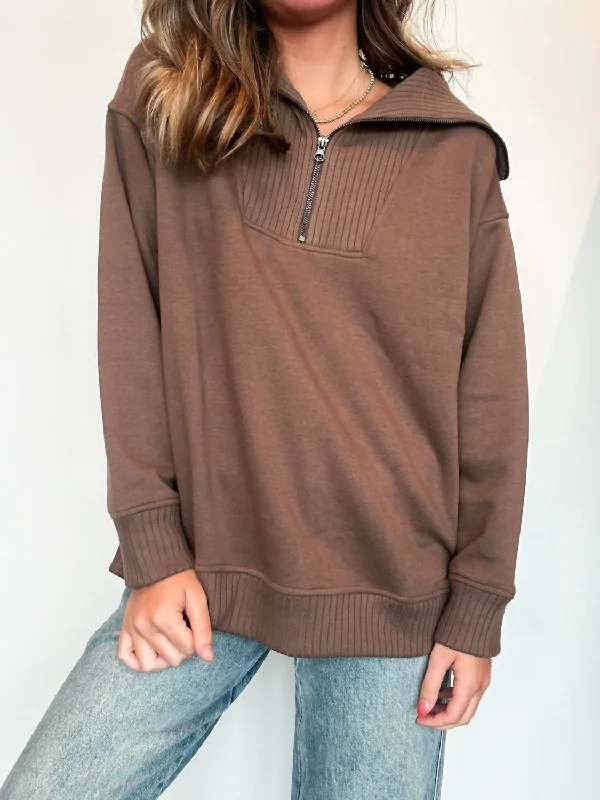 French Terry Quarter Zip Pullover In Mocha