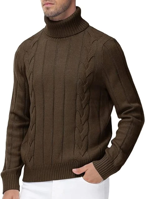 Mens Cable Knitted Turtleneck Jumper Pullover Sweater