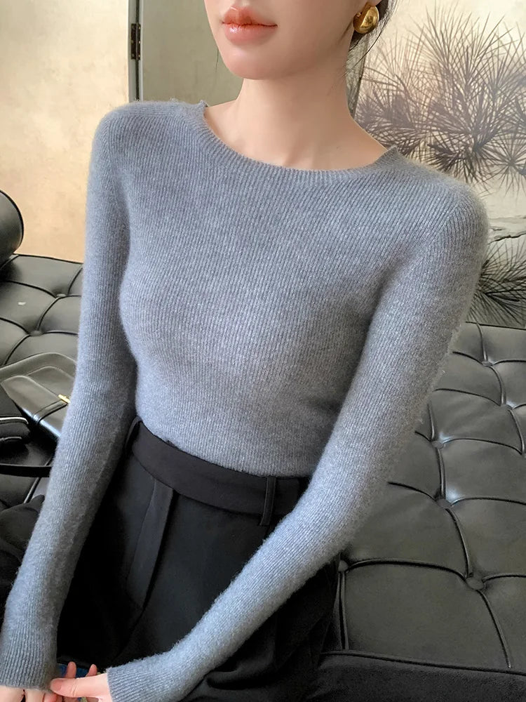 New Fashion Women's Slim O-neck Half-Sleeve Pullover Solid Color Merino Wool Sweater