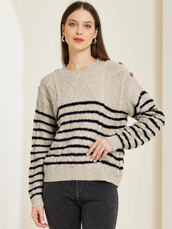 Striped Pullover Crew Neck Long Sleeve Cable Knitted Sweater