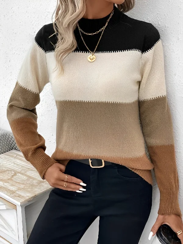 Colorblock Mock Neck Long Sleeve Pullover Sweater