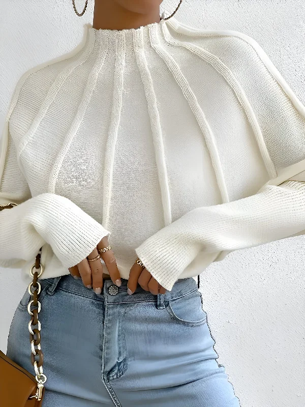 Mock Neck Ribbed Knit Pullover Bat Sleeves Sweater