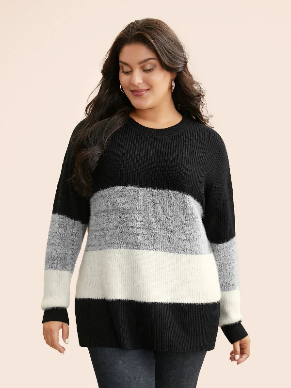 Round Neck Colorblock Contrast Pullover