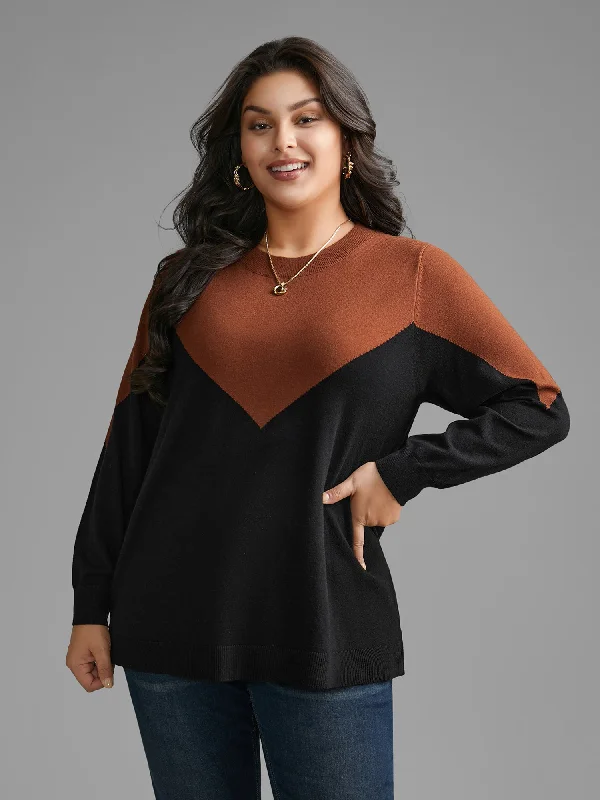 Round Neck Contrast Patchwork Pullover