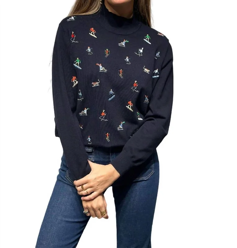 Skier Embroidered Pullover Sweater In Navy