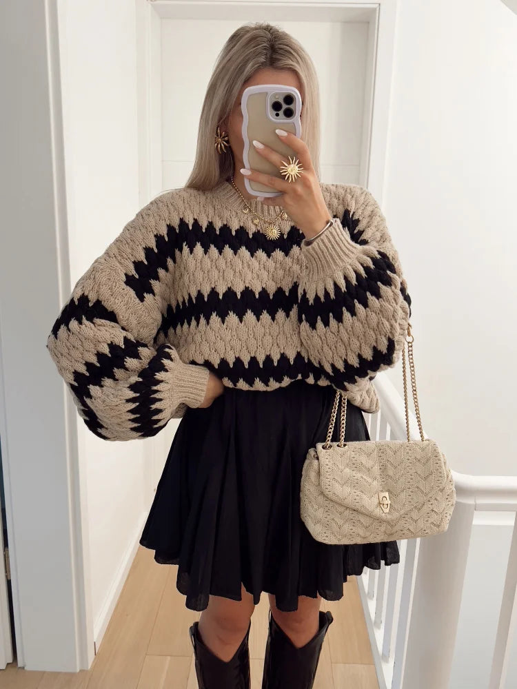 Splicing Round Neck Knitted Pullover Casual Long Sleeve Loose Women's Sweater