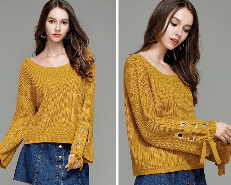 SWEATER PULLOVER WITH PAGODA LACE-UP SLEEVES