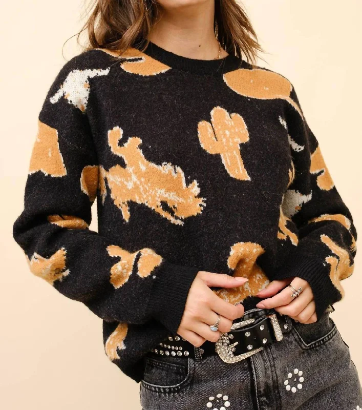 Western Motif Pullover Sweater In Black