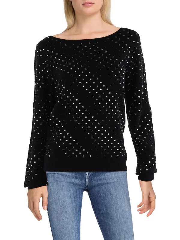 Womens Embellished Round Neck Pullover Sweater