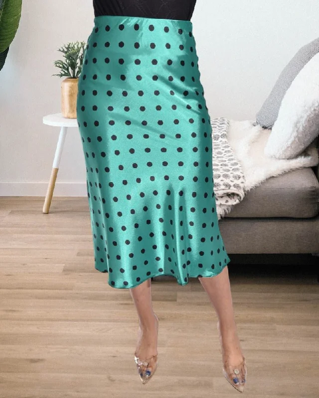 Ladies Satin Green Dotted Midi Skirt