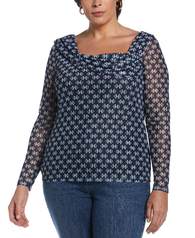 Plus Size Printed Mesh Drape Neck Top