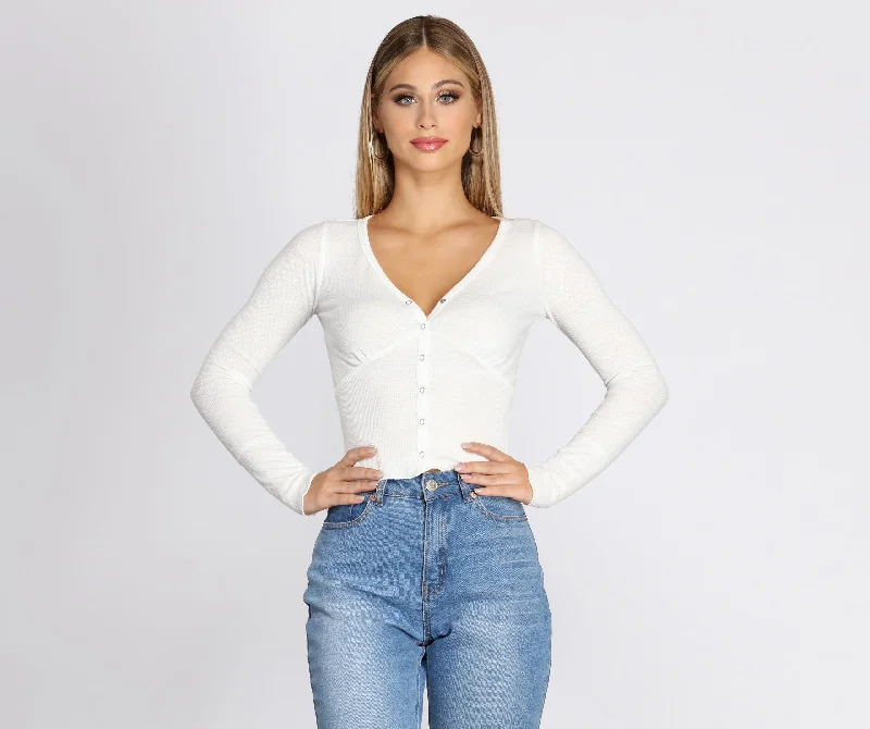 Button Up Henley Crop Top