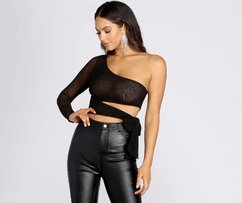 Get My Good Side Mesh One Shoulder Crop Top