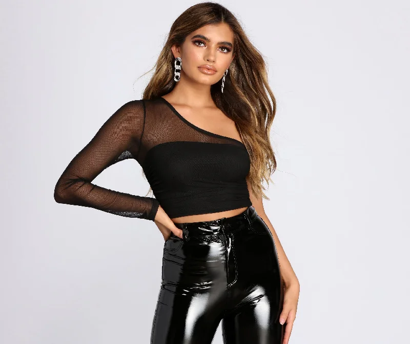 One Shoulder Mesh Crop Top