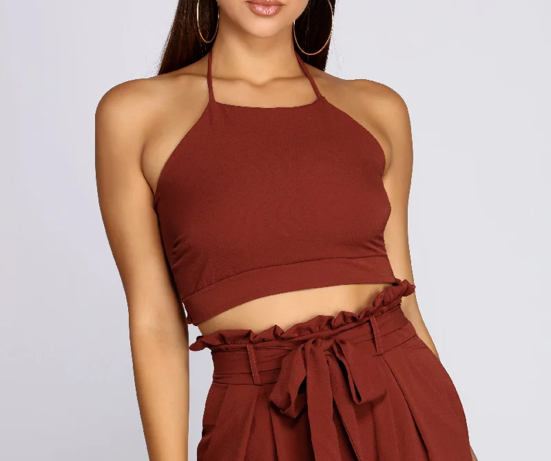 Ruffle Trim Smocked Halter Top