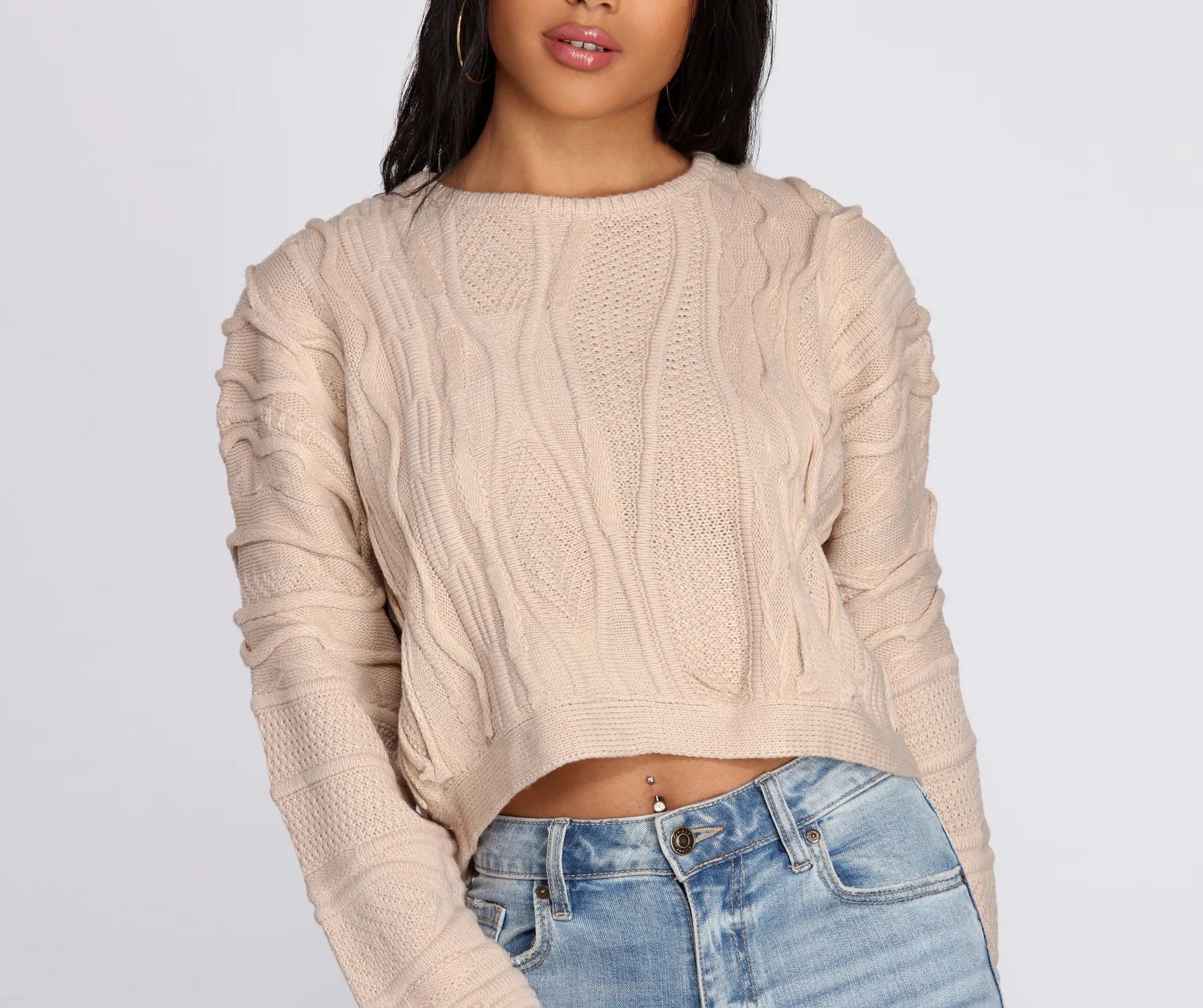 Textured Cable Knit Cropped Sweater