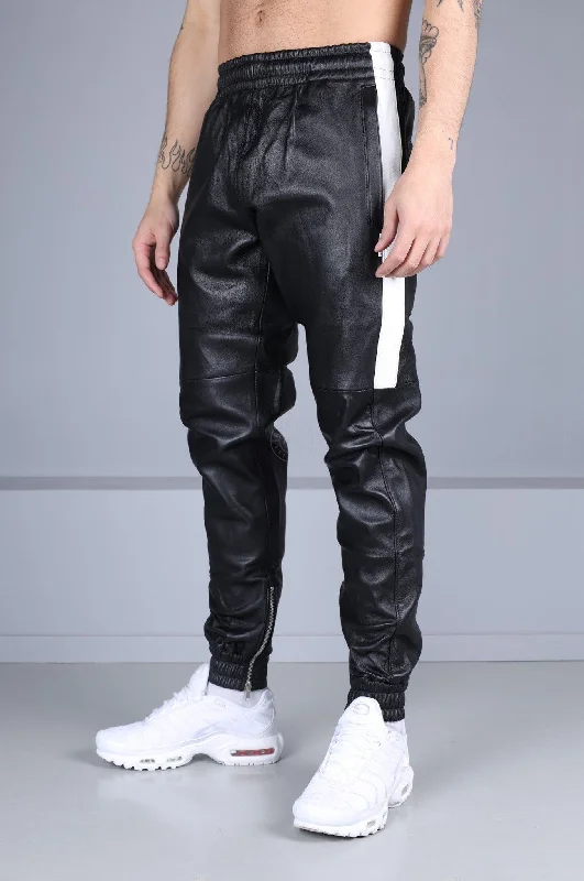 Black Leather Tracksuit Pants - White Stripe