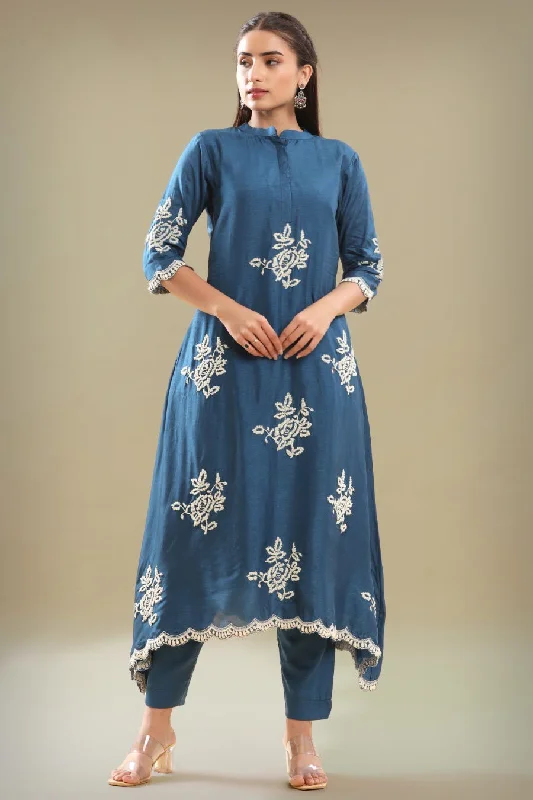 Dark Blue Embroidered A-line Kurta With Pant