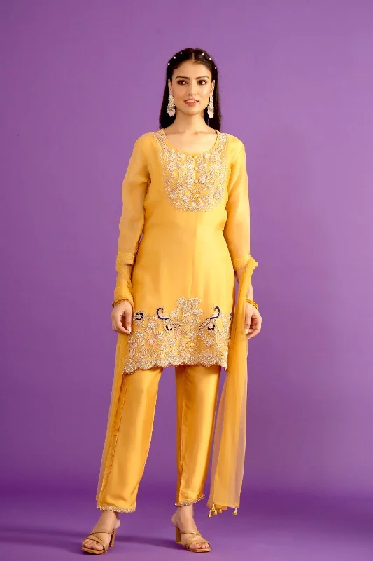 Fresh Yellow Organza Silk Embroidered Kurta Set