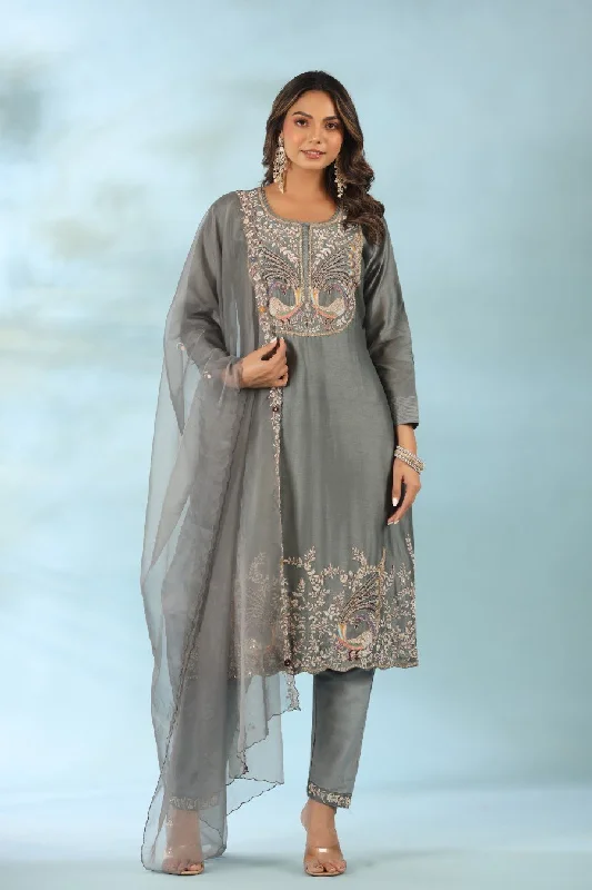 Grey Organza Silk Embroidered Kurta Set