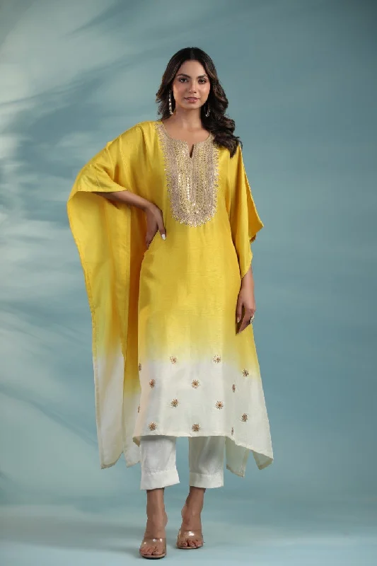 Yellow Ombre Embroidered Kaftan With Pants