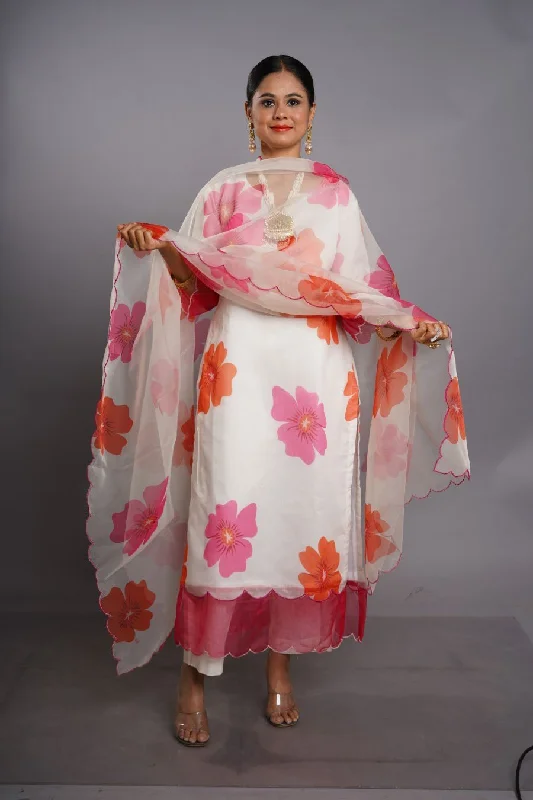 Soft White Floral Chanderi Kurta Set