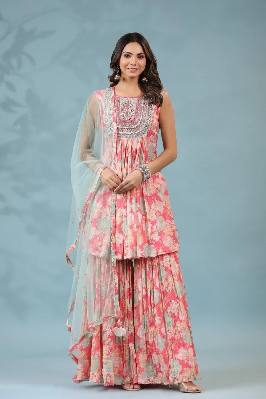 Pink Floral Embellished Sharara Set