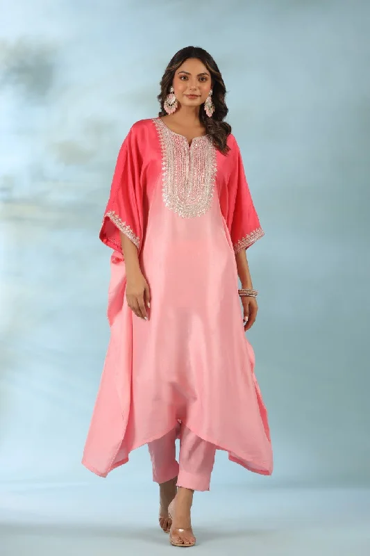 Pink Ombre Embroidered Kaftan With Pants