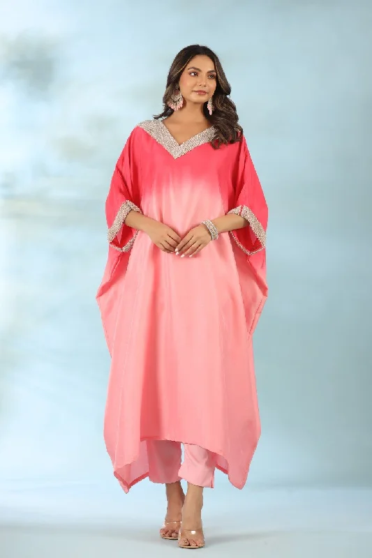 Pink Ombre Pearl Embroidered Kaftan With Pants