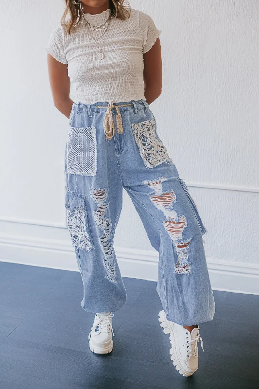 POL: Distressed Denim Joggers Patchwork with Lace Pockets