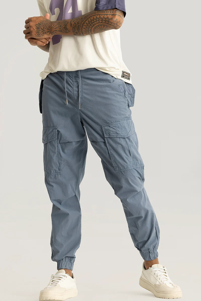 Realm Greyish Blue Plain Regular Fit Cargo Pants