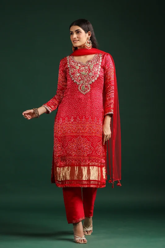 Red Bandhej Printed Gazzi Silk Pants Set