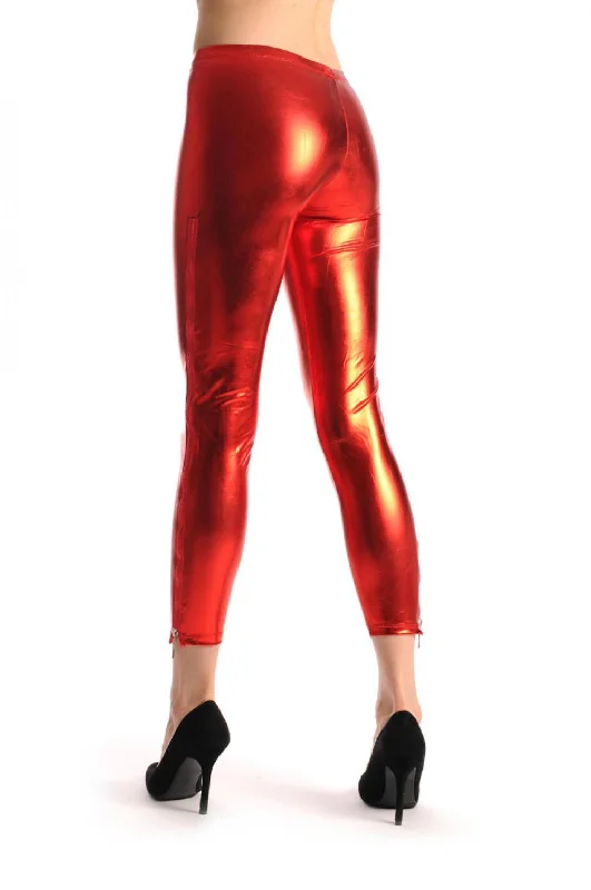 Red Shiny Faux Leather Wet Look With Side Zip