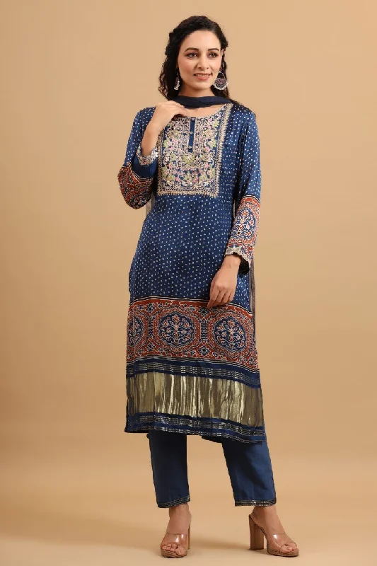 Royal Blue Bandhani & Ajrakh Printed Kurta Set