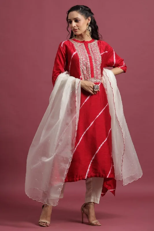 Scarlet Red Leheriya A-Line Kurta Set