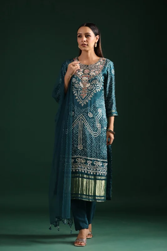 Teal Blue Bandhani Embroidered Kurta Set