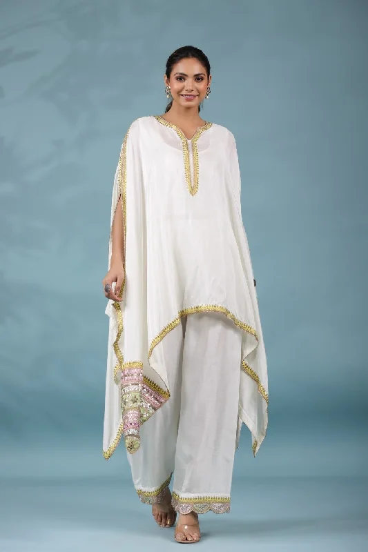 White Zari Embroidered Asymmetrical Tunic & Pants