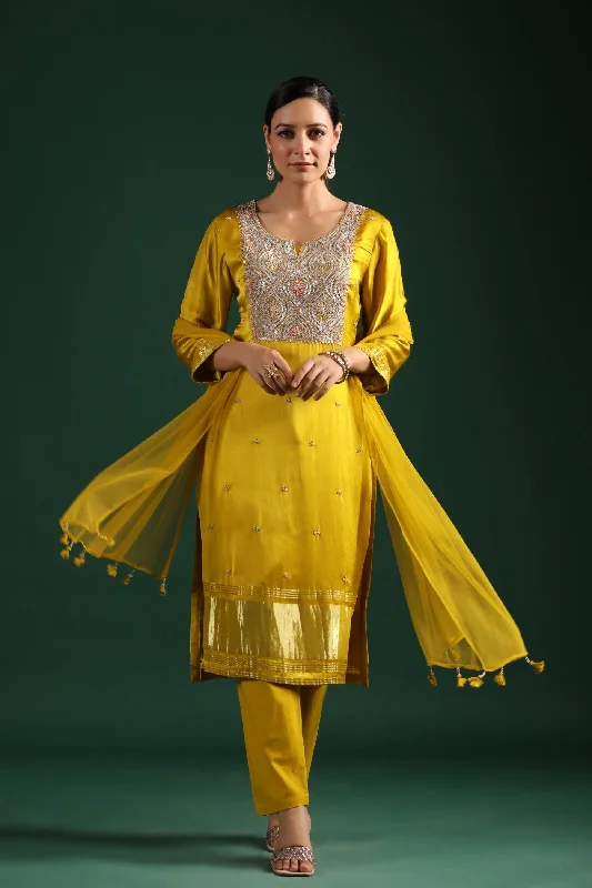 Yellow Zari Embroidered Gajji Silk Kurta Set